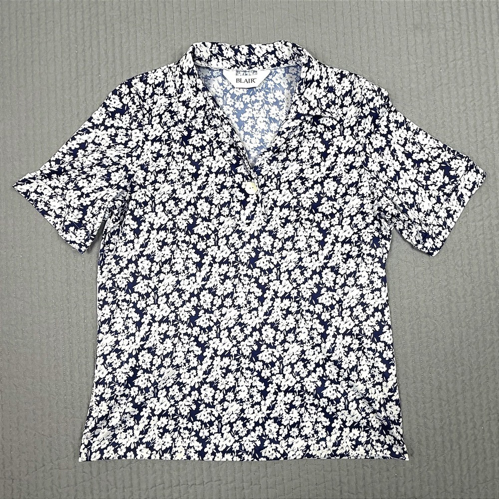 Blair Womens Medium Navy Blue White Floral Ditsy Print Short Sleeve Blouse Top
